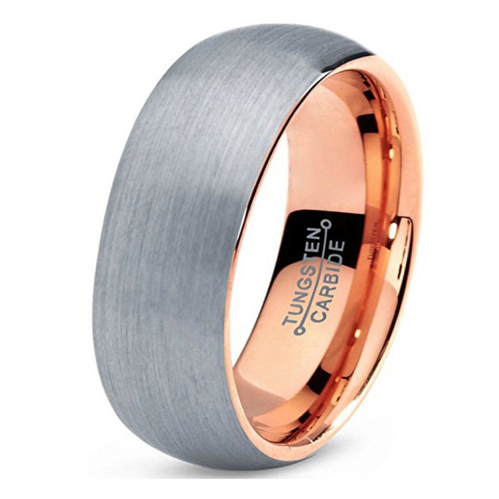 Men's Tungsten Wedding Band (7mm). Gray and Rose Gold Round Domed Brushed Ring.
